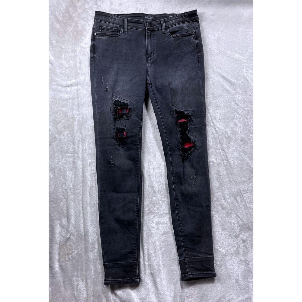 Judy Blue‎ Skinny Fit Distressed Jeans Black Red Plaid Patch JB82191BK 11/30